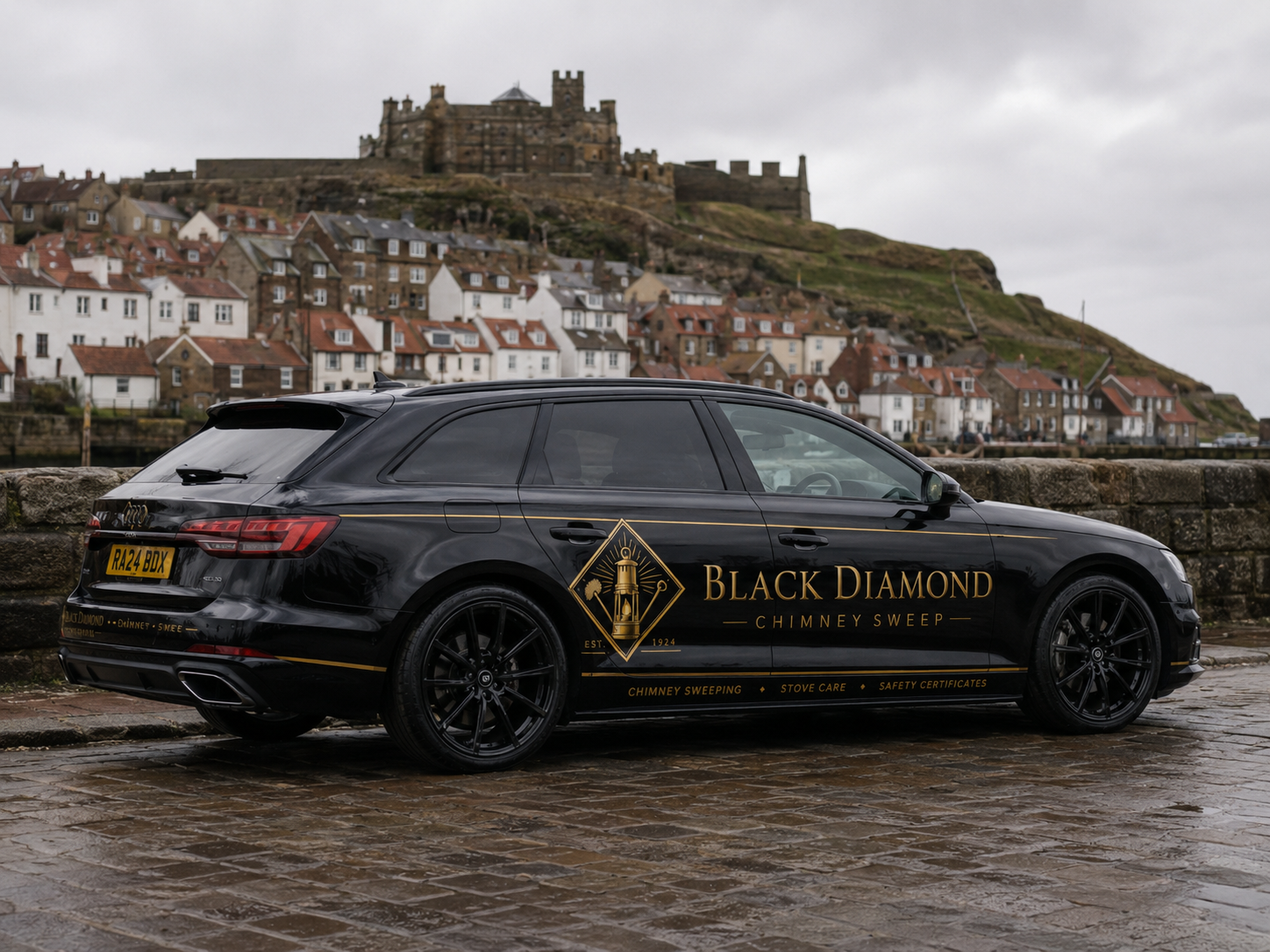 Black Diamond chimney sweep van on the North East coast